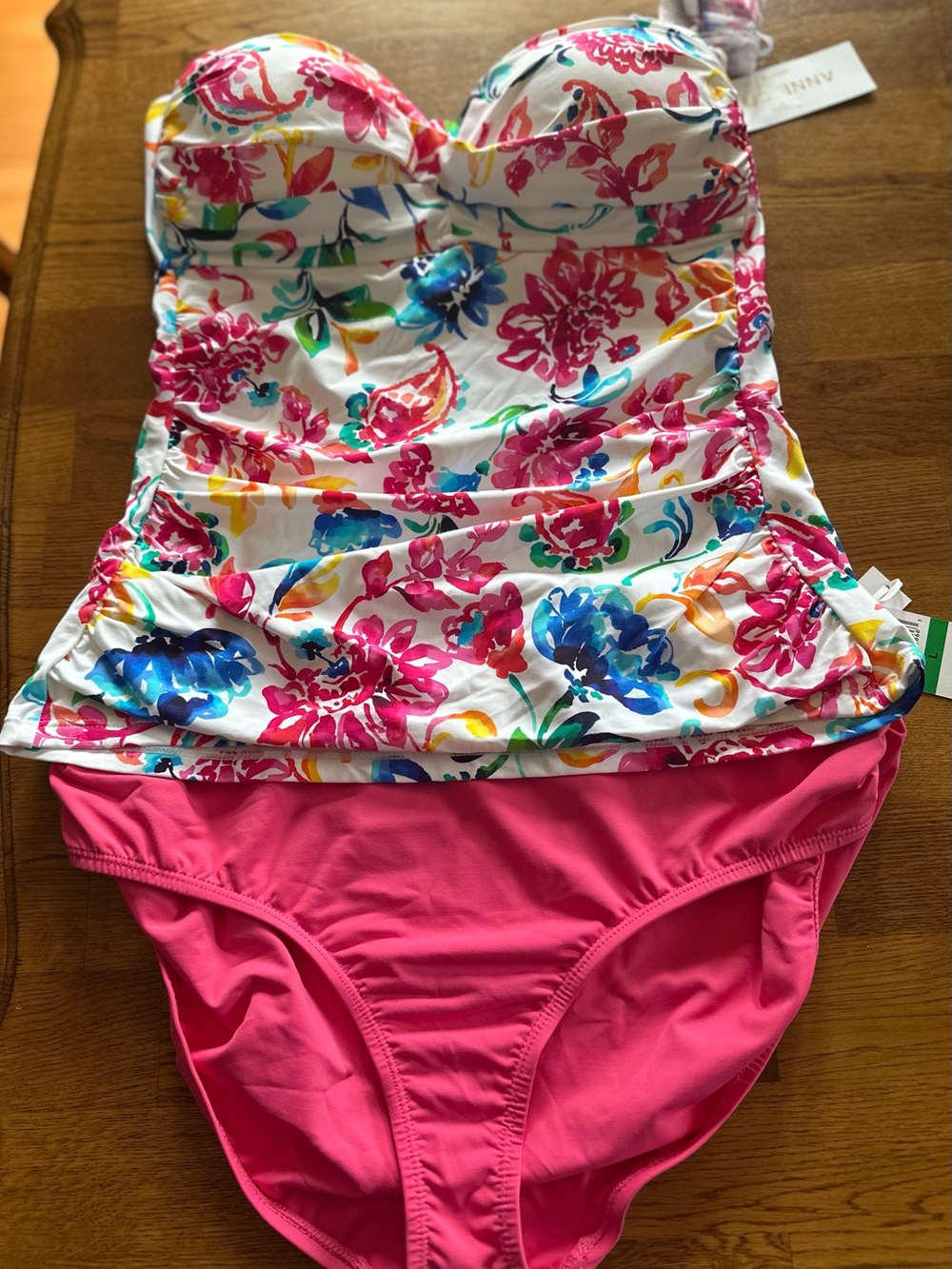 Anne Cole White Floral Ruched Tankini with Hot Pink Bottoms